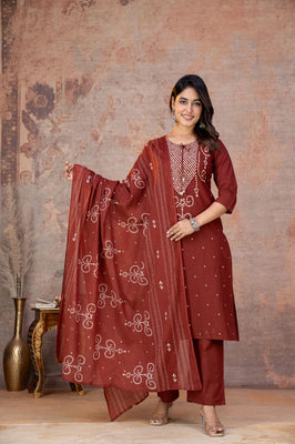Indolady Rust Heritage Bandhej Cotton Suit Set with Dupatta