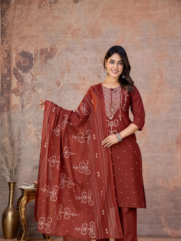 Indolady Rust Heritage Bandhej Cotton Suit Set with Dupatta