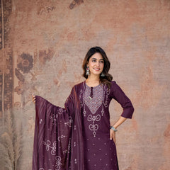 Indolady Royal Wine Bandhej Printed Cotton Suit Set with Dupatta