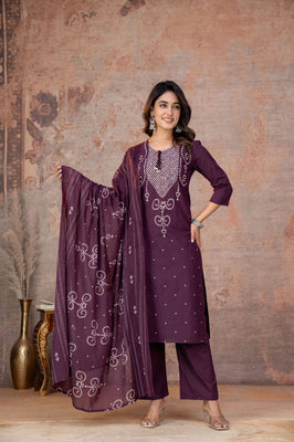 Indolady Royal Wine Bandhej Printed Cotton Suit Set with Dupatta