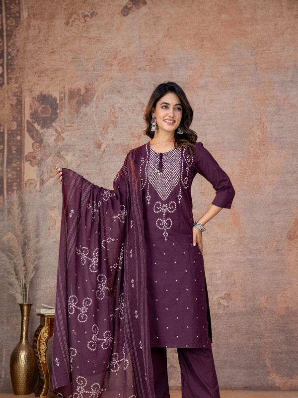 Indolady Royal Wine Bandhej Printed Cotton Suit Set with Dupatta