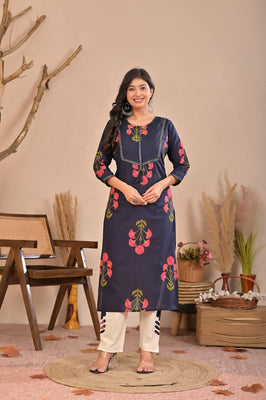 Aurelia Blue Bloom Cotton Kurti Pant Co-Ord Set