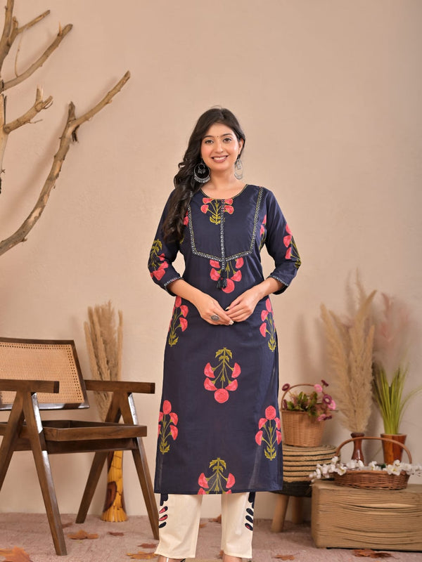 Aurelia Blue Bloom Cotton Kurti Pant Co-Ord Set