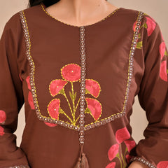 Indolady Cocoa Blossom Printed Cotton Kurti Pant Set