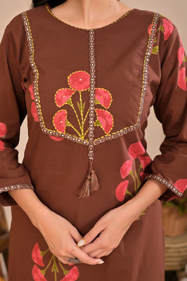 Indolady Cocoa Blossom Printed Cotton Kurti Pant Set