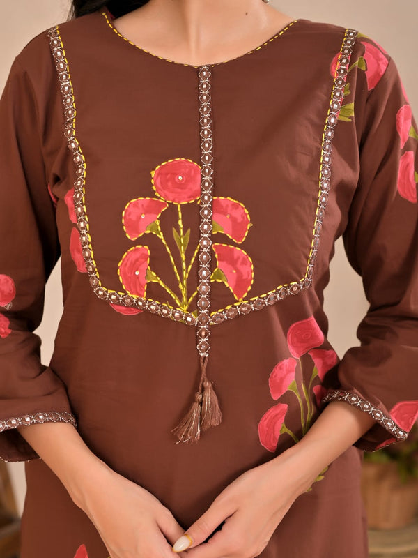 Indolady Cocoa Blossom Printed Cotton Kurti Pant Set