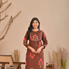 Indolady Cocoa Blossom Printed Cotton Kurti Pant Set