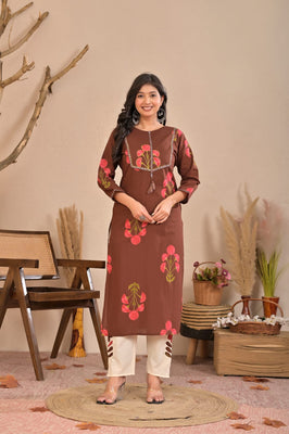 Indolady Cocoa Blossom Printed Cotton Kurti Pant Set