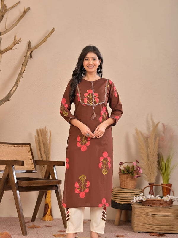 Indolady Cocoa Blossom Printed Cotton Kurti Pant Set