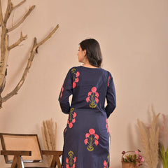Aurelia Blue Bloom Cotton Kurti Pant Co-Ord Set