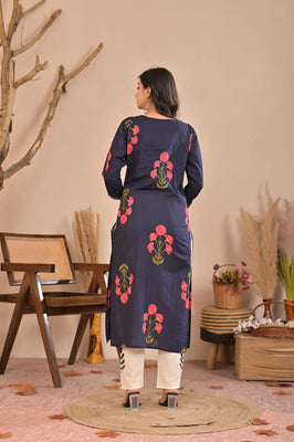 Aurelia Blue Bloom Cotton Kurti Pant Co-Ord Set