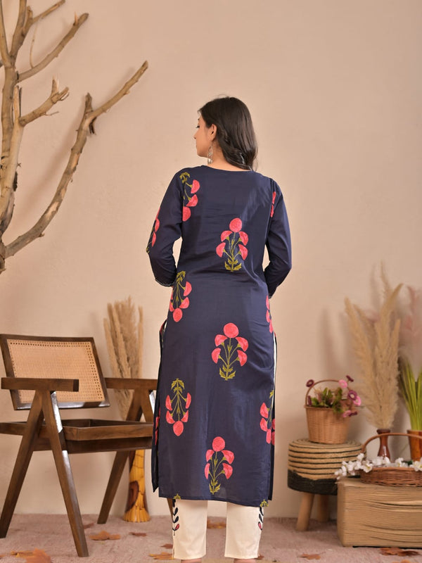 Aurelia Blue Bloom Cotton Kurti Pant Co-Ord Set