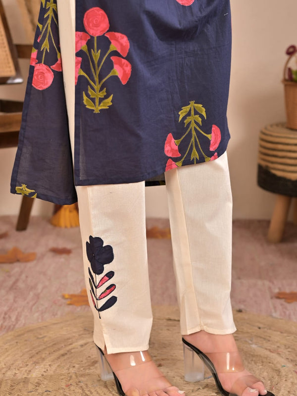 Aurelia Blue Bloom Cotton Kurti Pant Co-Ord Set
