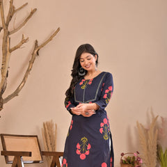Aurelia Blue Bloom Cotton Kurti Pant Co-Ord Set