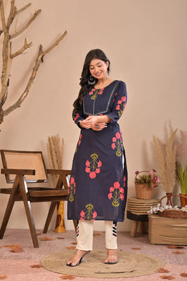 Aurelia Blue Bloom Cotton Kurti Pant Co-Ord Set