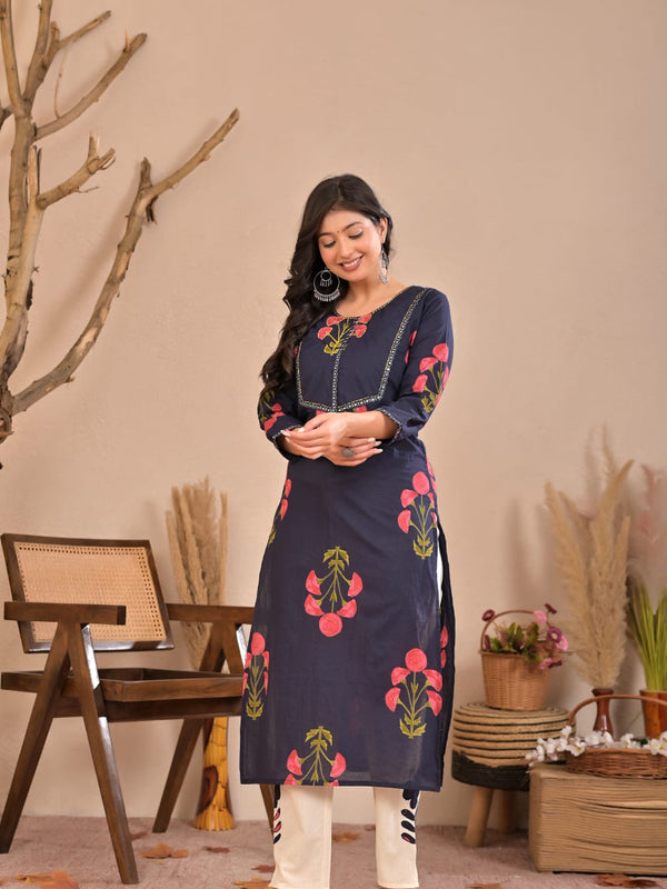 Aurelia Blue Bloom Cotton Kurti Pant Co-Ord Set