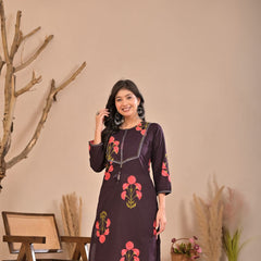 Indolady Wine Petals Premium Cotton Kurti Pant Set