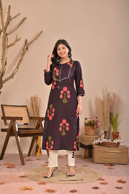 Indolady Wine Petals Premium Cotton Kurti Pant Set