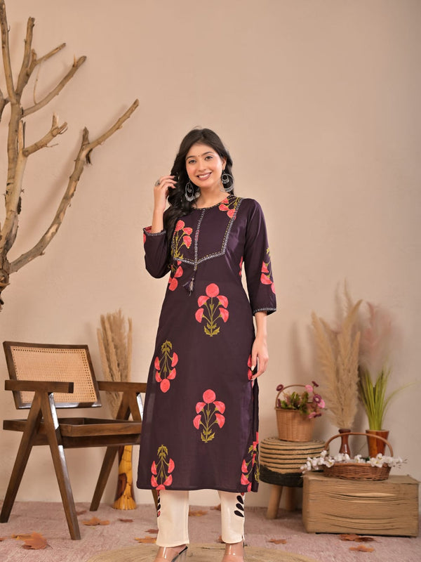 Indolady Wine Petals Premium Cotton Kurti Pant Set