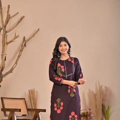 Indolady Wine Petals Premium Cotton Kurti Pant Set
