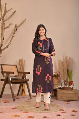 Indolady Wine Petals Premium Cotton Kurti Pant Set