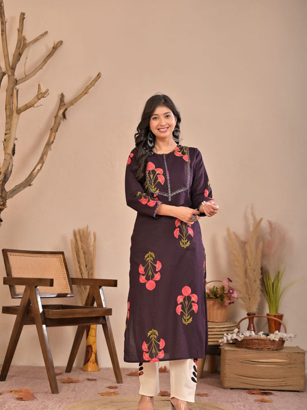 Indolady Wine Petals Premium Cotton Kurti Pant Set