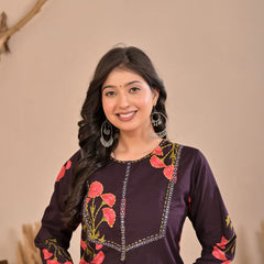 Indolady Wine Petals Premium Cotton Kurti Pant Set