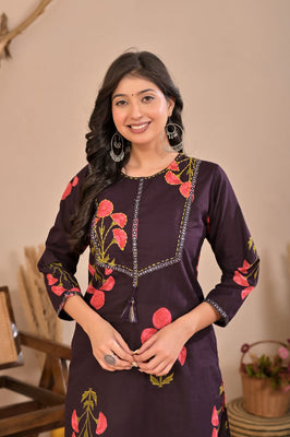Indolady Wine Petals Premium Cotton Kurti Pant Set