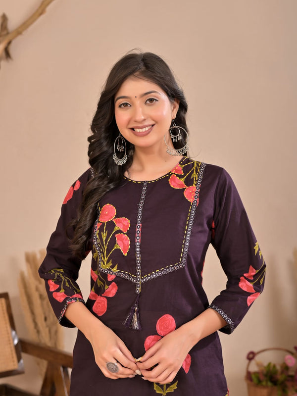 Indolady Wine Petals Premium Cotton Kurti Pant Set