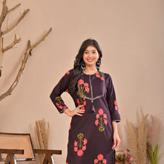 Indolady Wine Petals Premium Cotton Kurti Pant Set