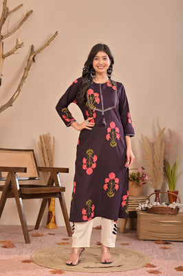 Indolady Wine Petals Premium Cotton Kurti Pant Set