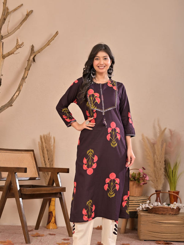 Indolady Wine Petals Premium Cotton Kurti Pant Set