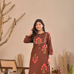 Indolady Cocoa Blossom Printed Cotton Kurti Pant Set
