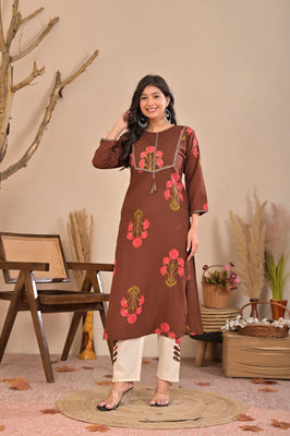 Indolady Cocoa Blossom Printed Cotton Kurti Pant Set