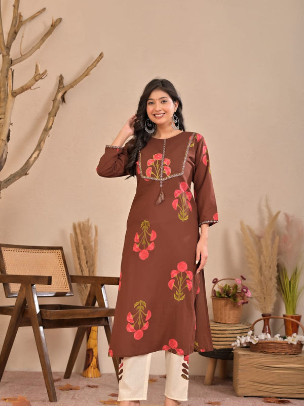 Indolady Cocoa Blossom Printed Cotton Kurti Pant Set
