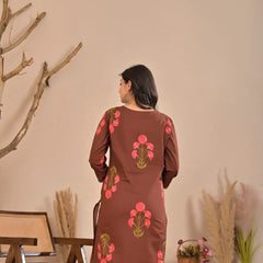 Indolady Cocoa Blossom Printed Cotton Kurti Pant Set