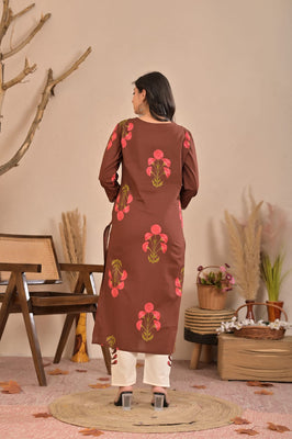 Indolady Cocoa Blossom Printed Cotton Kurti Pant Set