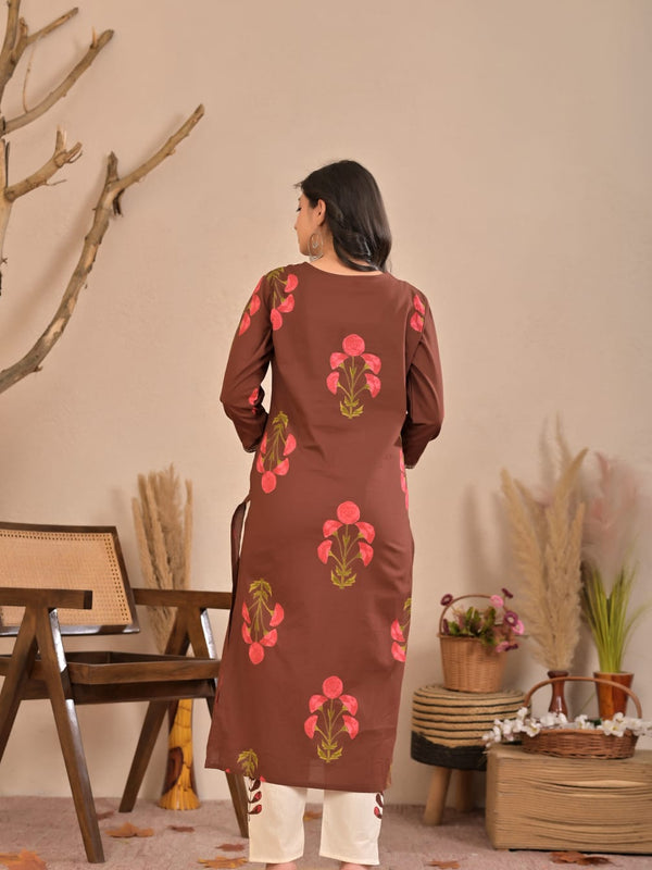 Indolady Cocoa Blossom Printed Cotton Kurti Pant Set