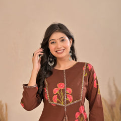 Indolady Cocoa Blossom Printed Cotton Kurti Pant Set