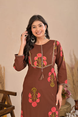 Indolady Cocoa Blossom Printed Cotton Kurti Pant Set