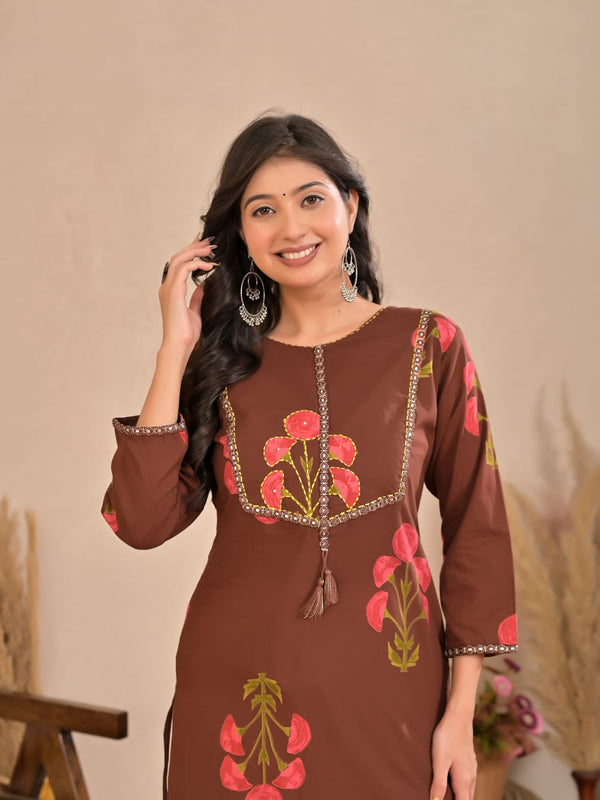 Indolady Cocoa Blossom Printed Cotton Kurti Pant Set