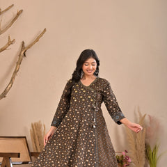 Indolady Earth Brown Angrakha Cotton Suit Set with Dupatta