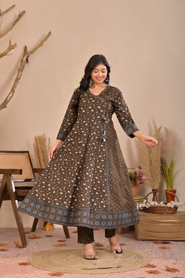 Indolady Earth Brown Angrakha Cotton Suit Set with Dupatta