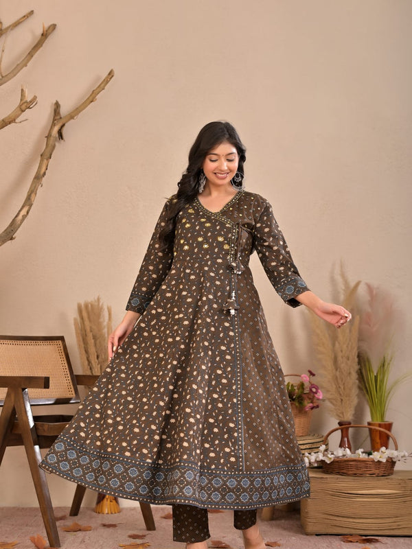 Indolady Earth Brown Angrakha Cotton Suit Set with Dupatta