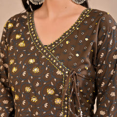 Indolady Earth Brown Angrakha Cotton Suit Set with Dupatta
