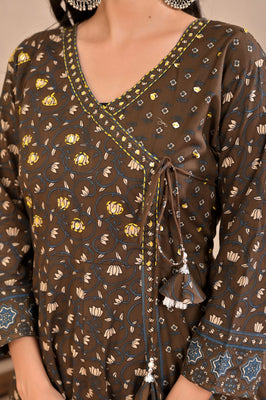 Indolady Earth Brown Angrakha Cotton Suit Set with Dupatta
