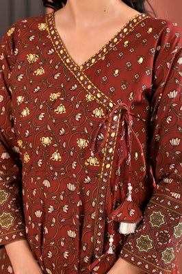 Indolady Rust Royale Angrakha Cotton Suit Set with Dupatta