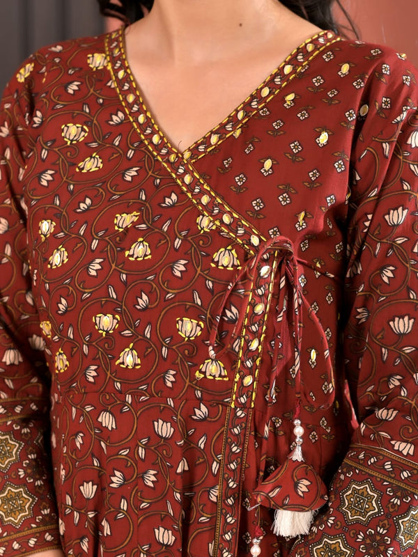 Indolady Rust Royale Angrakha Cotton Suit Set with Dupatta