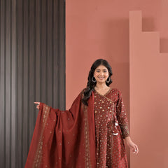 Indolady Rust Royale Angrakha Cotton Suit Set with Dupatta