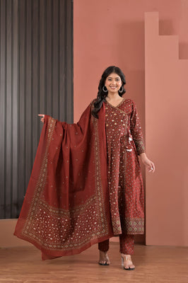 Indolady Rust Royale Angrakha Cotton Suit Set with Dupatta